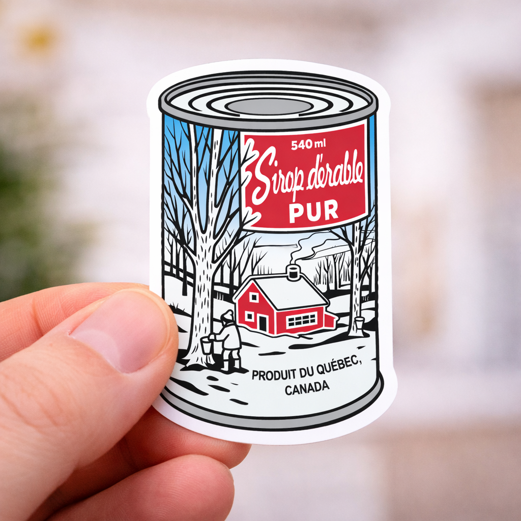 Sticker of a maple syrup can with a snowy scene and text, held by a hand against a blurred background.