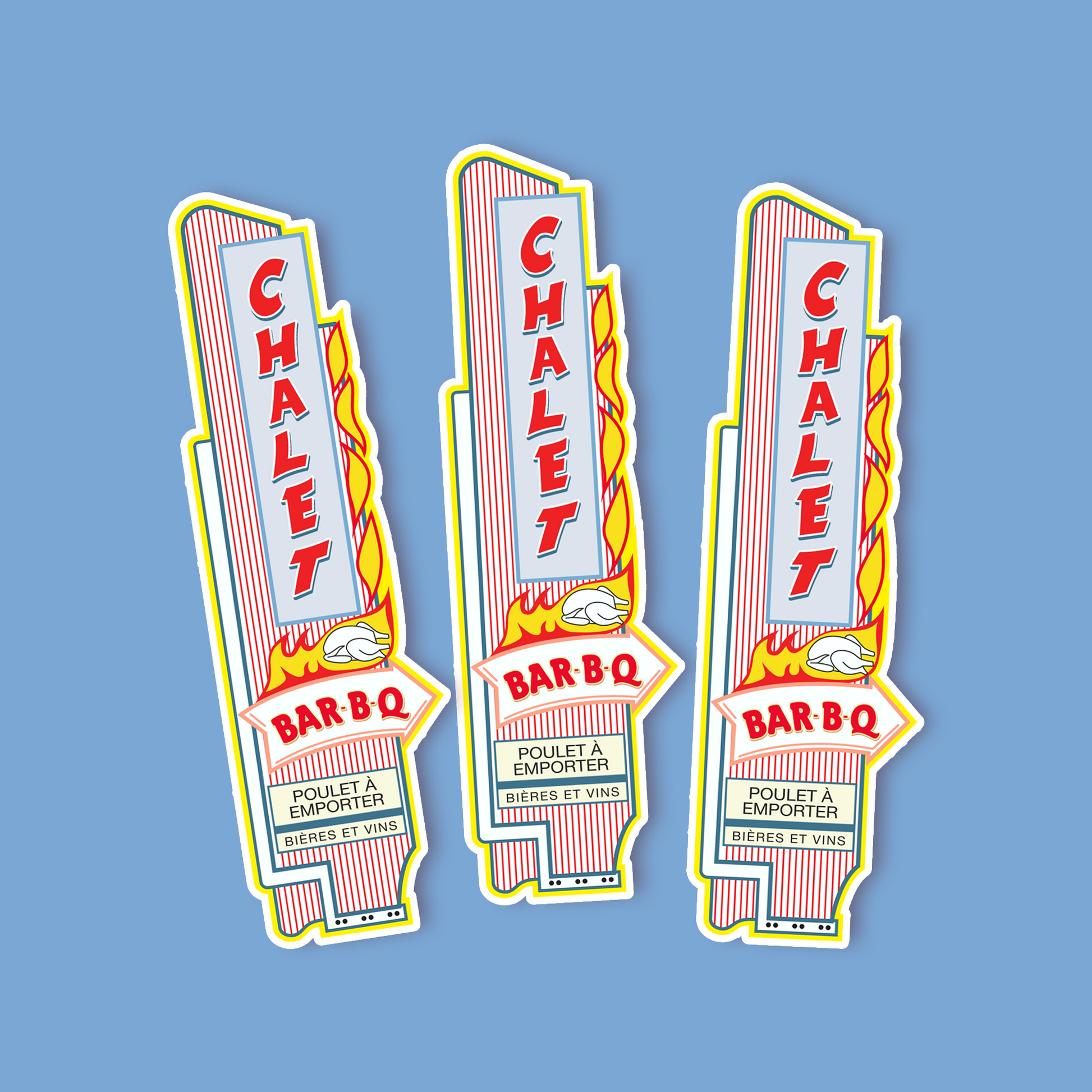 Three 'Chalet BBQ' stickers on a blue background