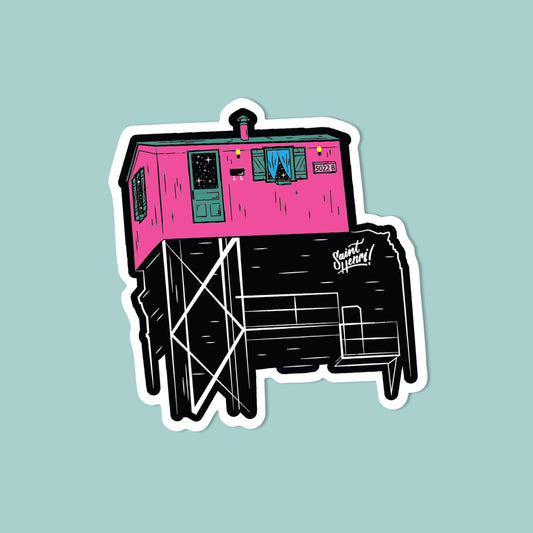 Sticker of a little pink house with a blue background
