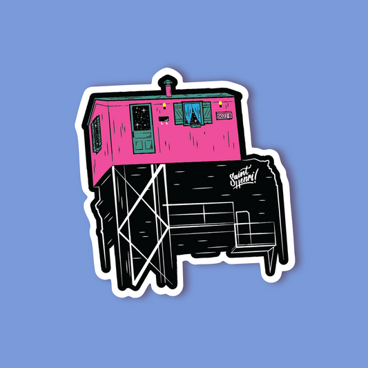 Illustration of a pink house with a black base on a blue background