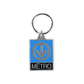 A keychain with the iconic Montreal Metro sign: an arrow pointed down in a circle against a blue background. Below it says "metro"