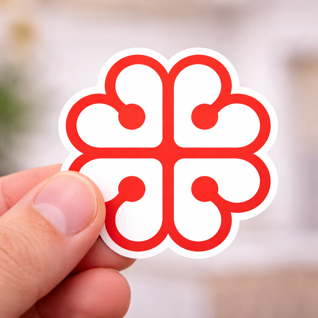 montreal logo sticker held by a hand against a blurred background