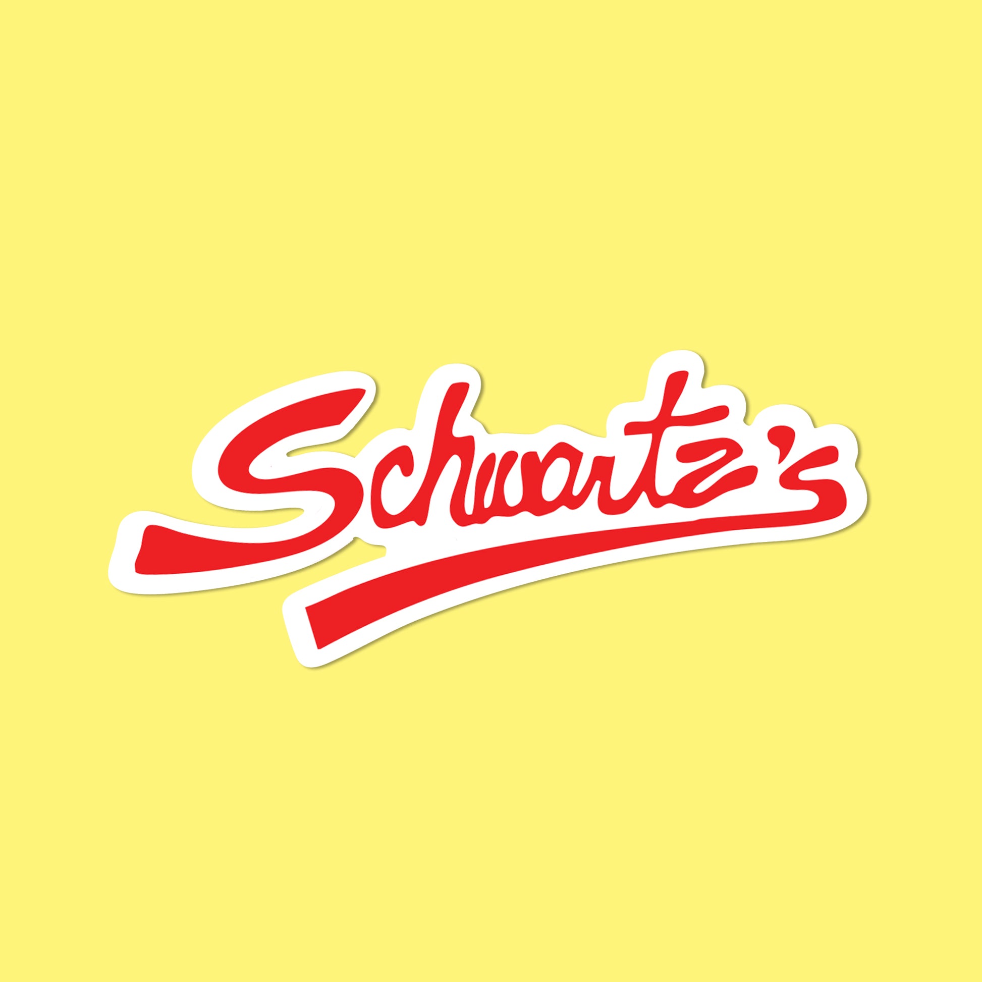 Schwartz's logo in red on a yellow background