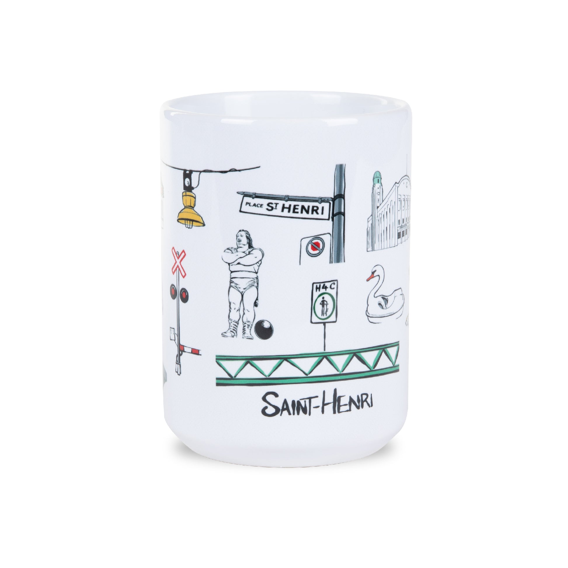 saint henri coffee mug, white ceramic, 15oz, illustrations, montreal landmarks, district doodles, louis cyr, beaudoin bridge, swan, h4c, atwater light, train crossing