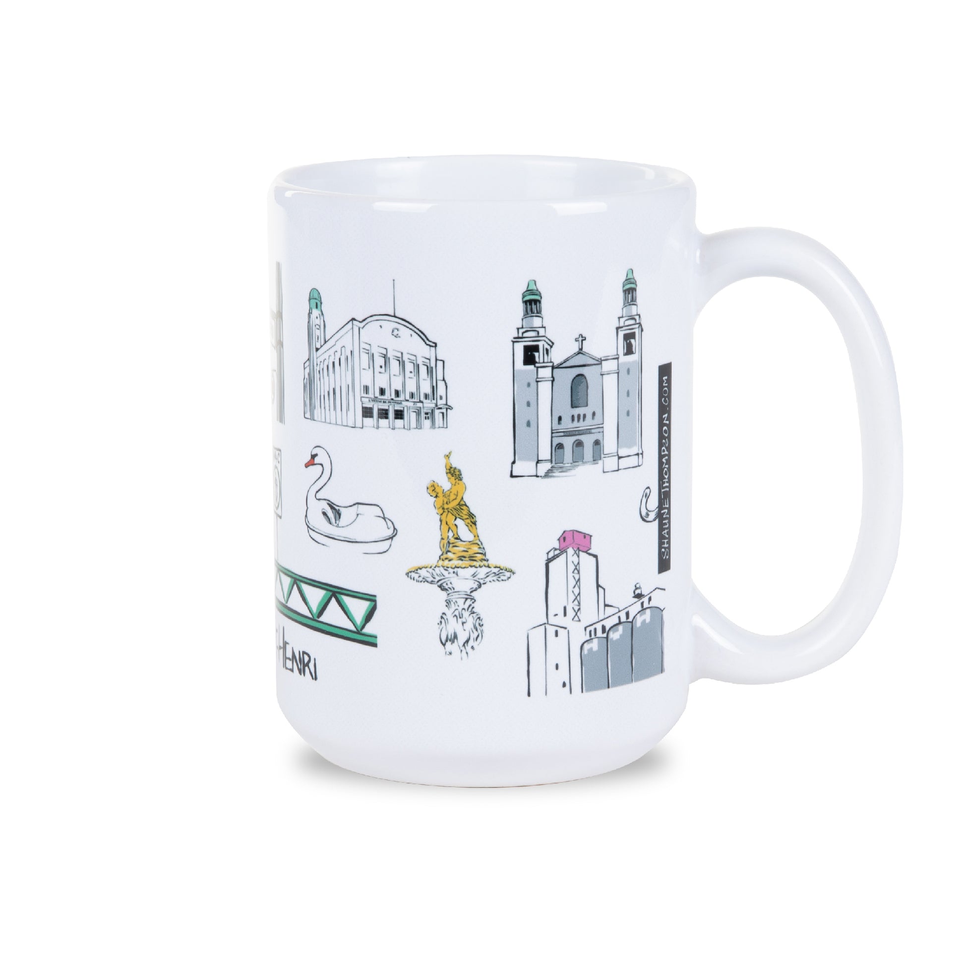 coffee mug, 15oz, ceramic mug, saint henri, montreal, illustrations, district doodles. st-zotique church, cassern, little pink house, fountain, swan, beaudoin bridge, shaune thompson, district doodles
