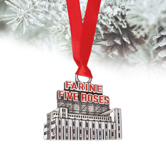 farine five roses, ornament, pewter ornament, holiday ornament, tree, christmas, red ribbon, iconic, landmark, montreal, decoration, home decor, gift, souvenir