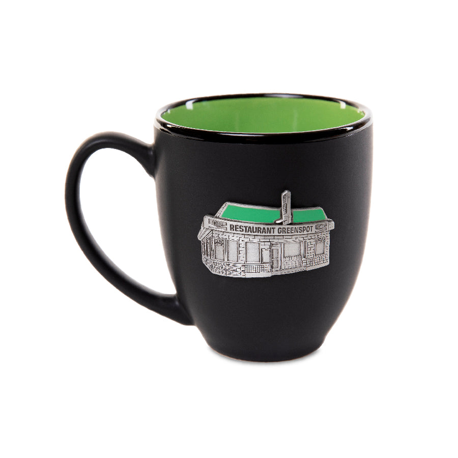 coffee mug, black, green interior, greenspot restaurant, mug crest, pewter, gift, home decor, souvenir