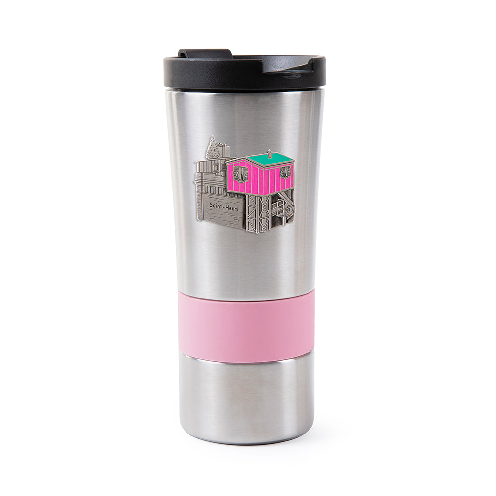 stainless steel travel mug, coffee, pink band, little pink house, maison rose, pewter crest