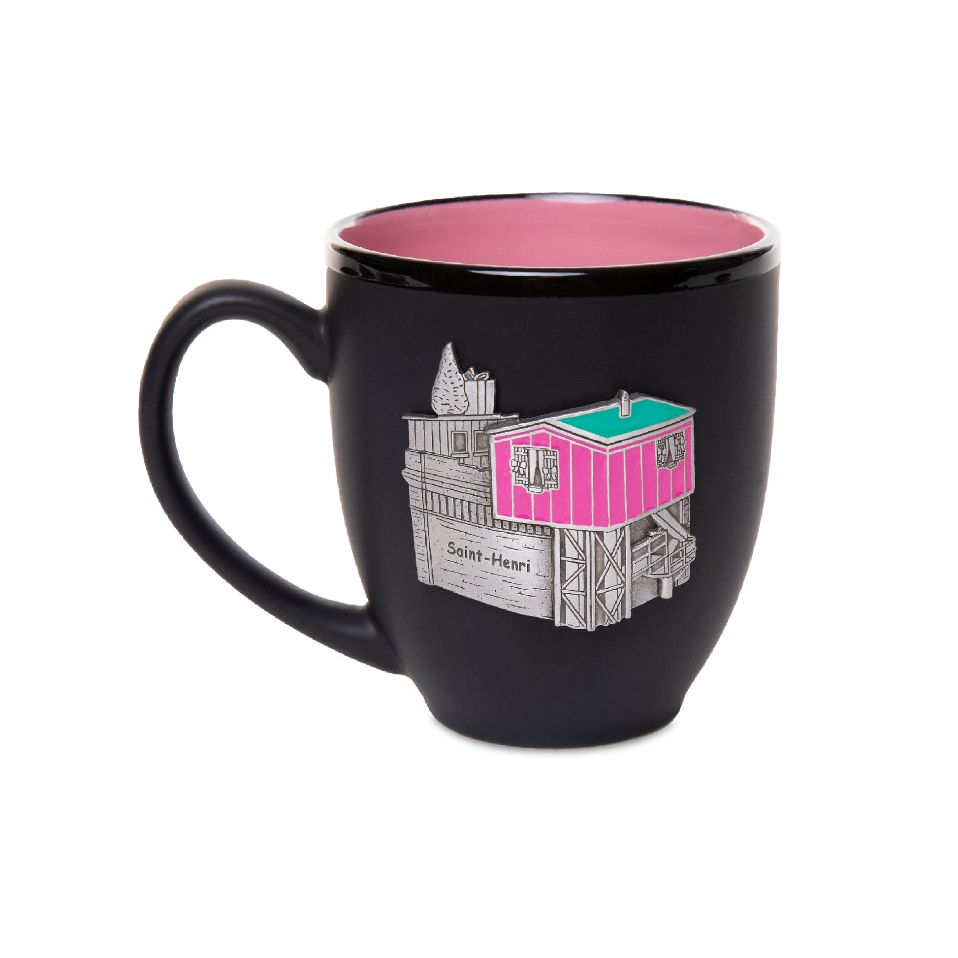ceramic mug, black, pink interior, pewter crest, maison rose, little pink house, saint-henri, montreal, landmark, iconic, drinkware, coffee, tea, beverage