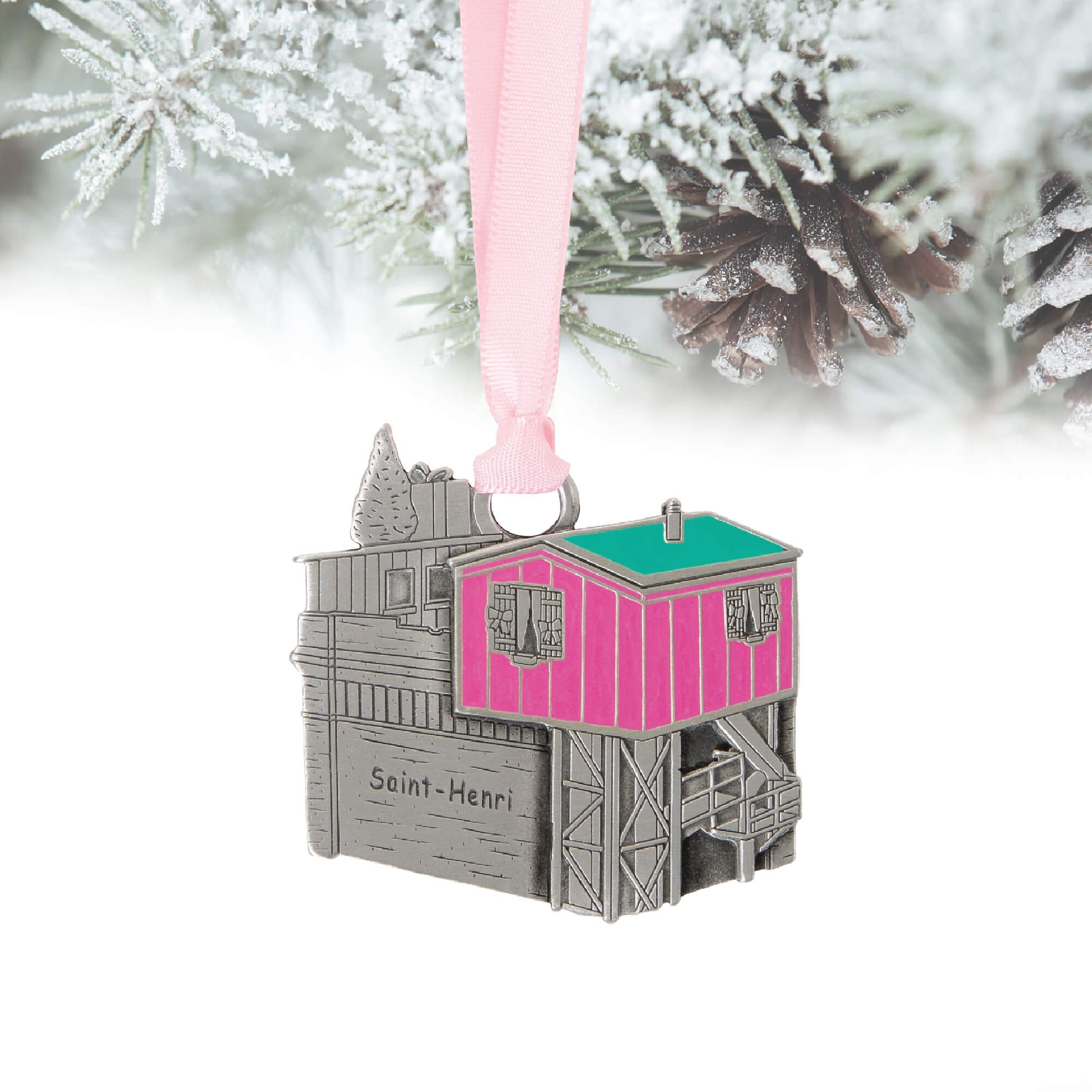 little pink house, pewter ornament, christmas decoration, holiday decor, paint fill, pink, green, pink ribbon, saint henri, montreal, gift, souvenir