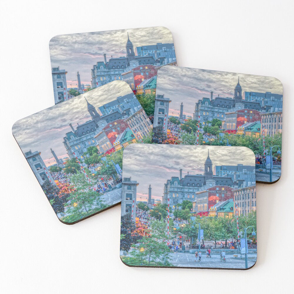 drink coasters, sous-verre, set of 4, place jacques cartier, montreal photography, summer, sunset, cork base, gift, cadeau, hotel nelson, buildings, statue