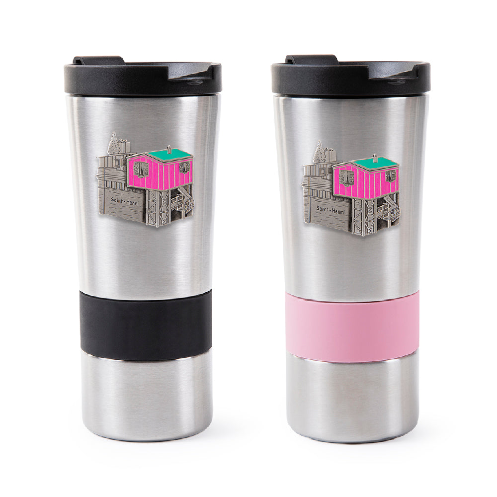 stainless steel, vacuum insolated, travel mug, montreal, little pink house, maison rose, pink, black, pewter crest, saint henri, coffee, water, tea