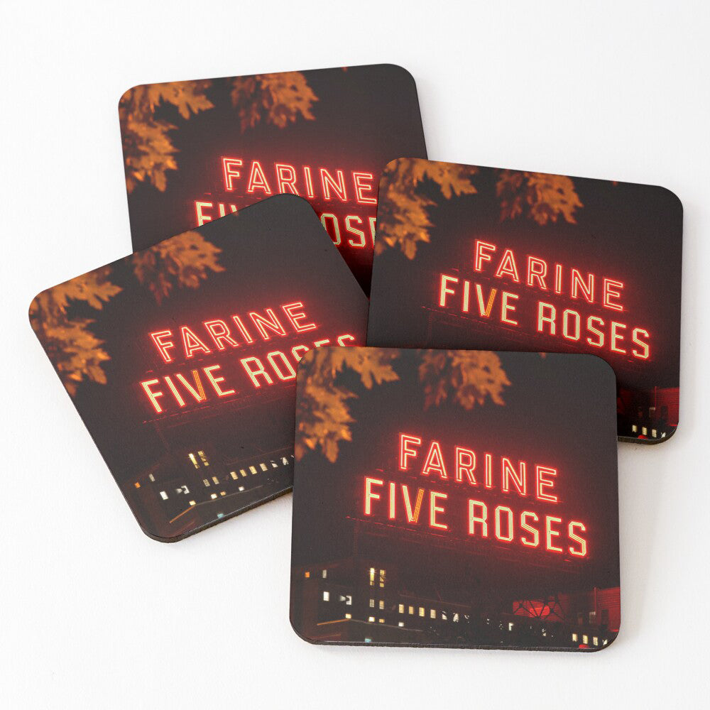 farine five roses, neon sign, coaster, night, red neon, drinkware, icon, heritage, montreal, cork base, 4 pack