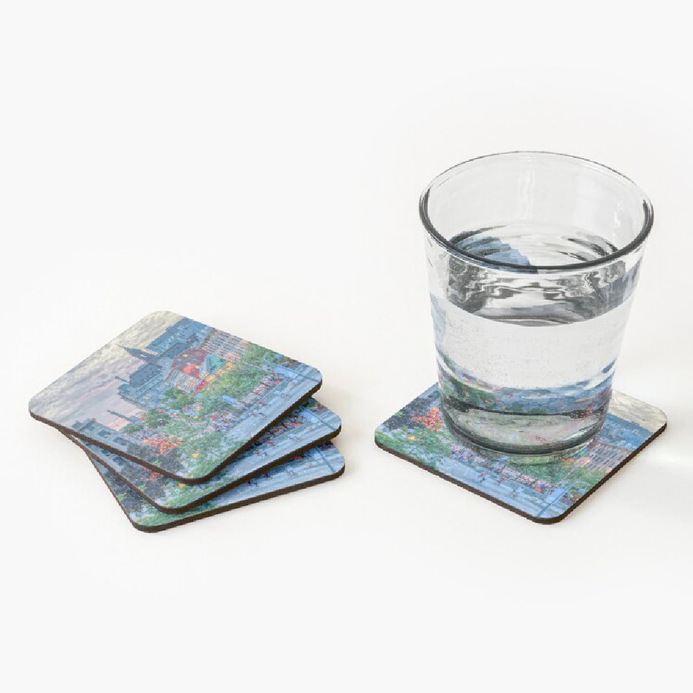 coasters, drinkware, set of 4, cork base, durable, place jacques cartier, hotel nelson, sunset, summer