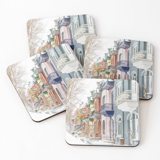 coasters, sous-verres, 4 pack, montreal photo, berri street, colourful, row houses, set of 4